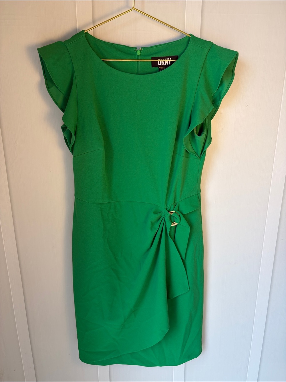 DKNY Emerald Green Sheath Dress with Ruffle Cap Sleeves